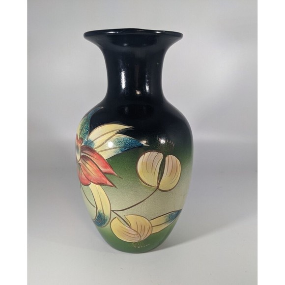 Vintage Hand Painted Tropical Exotic Orchid Floral 8" Flower Vase Art Nouveau - Picture 4 of 9